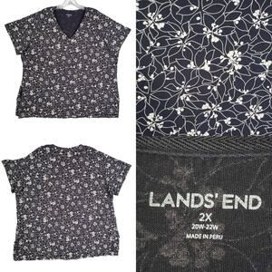Lands End Shirt Women's Plus Size 2X Navy Blue Floral Short Sleeve Tee Cotton